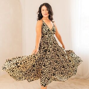 Vacation Dress Gold Black Geometric Print Sleeveless Party Maxi Dress Size 2X
